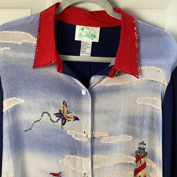 Quaker factory Silk Blue Red embroidered Sequin lighthouse sailboat button-up M - Picture 2 of 9